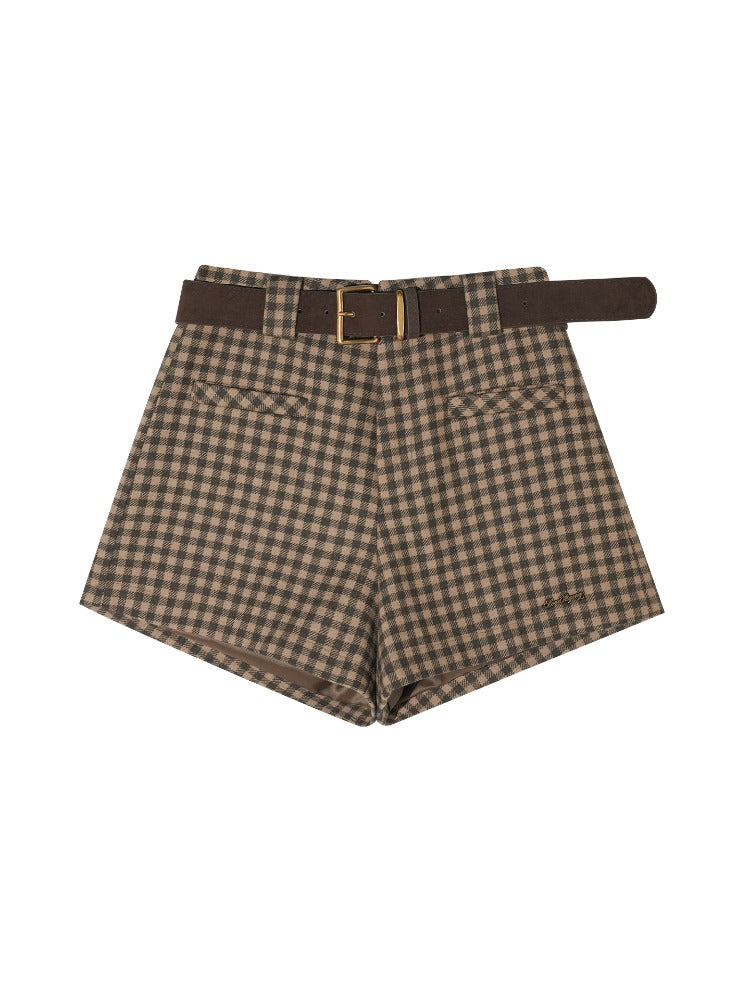 Brown Plaid Wool Belted Shorts