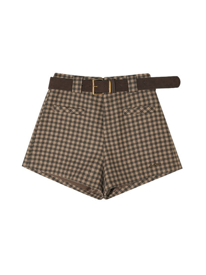 Brown Plaid Wool Belted Shorts