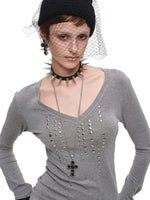 Rhinestone V Neck Knit Top