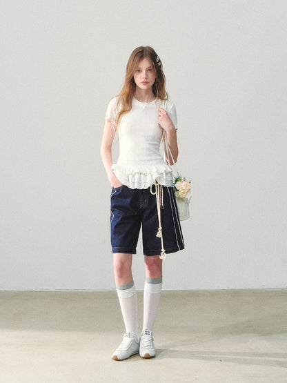 White Lace-hem Short-sleeve T-shirt