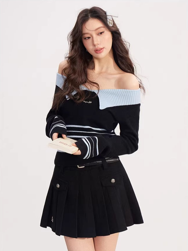 Color-blocked Waistband Pleated Skirt