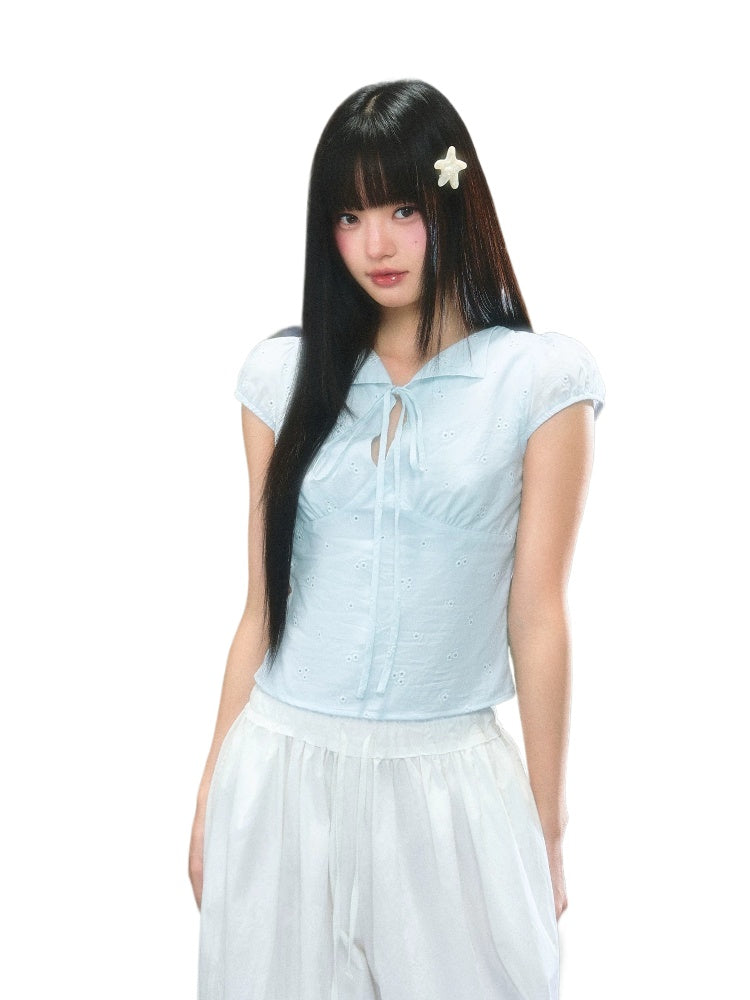 Light Blue Tie Bubble Sleeve Blouse