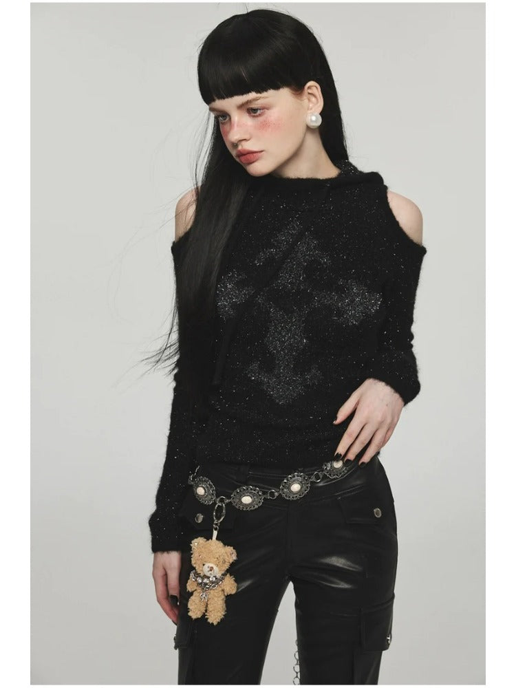 Mohair Off-Shoulder Knit Hoodie