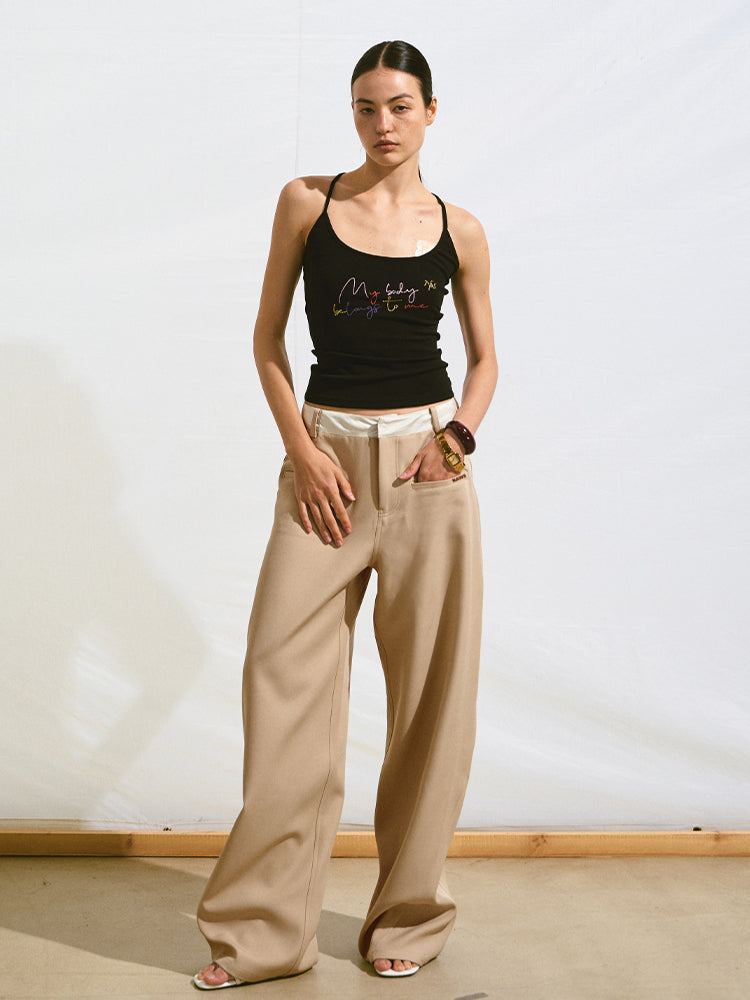 Wrinkle-Resistant Patchwork Straight-Leg Pants