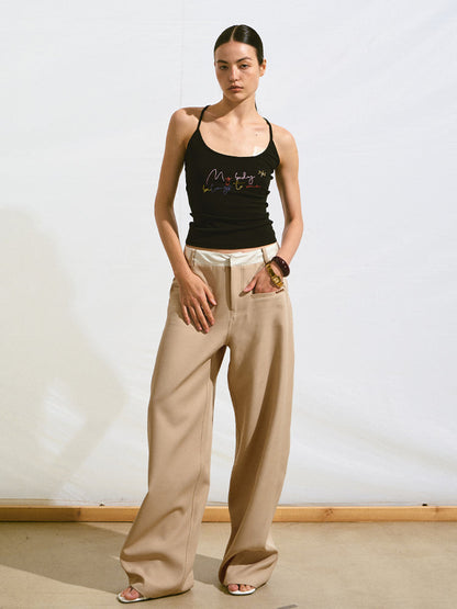 Wrinkle-Resistant Patchwork Straight-Leg Pants