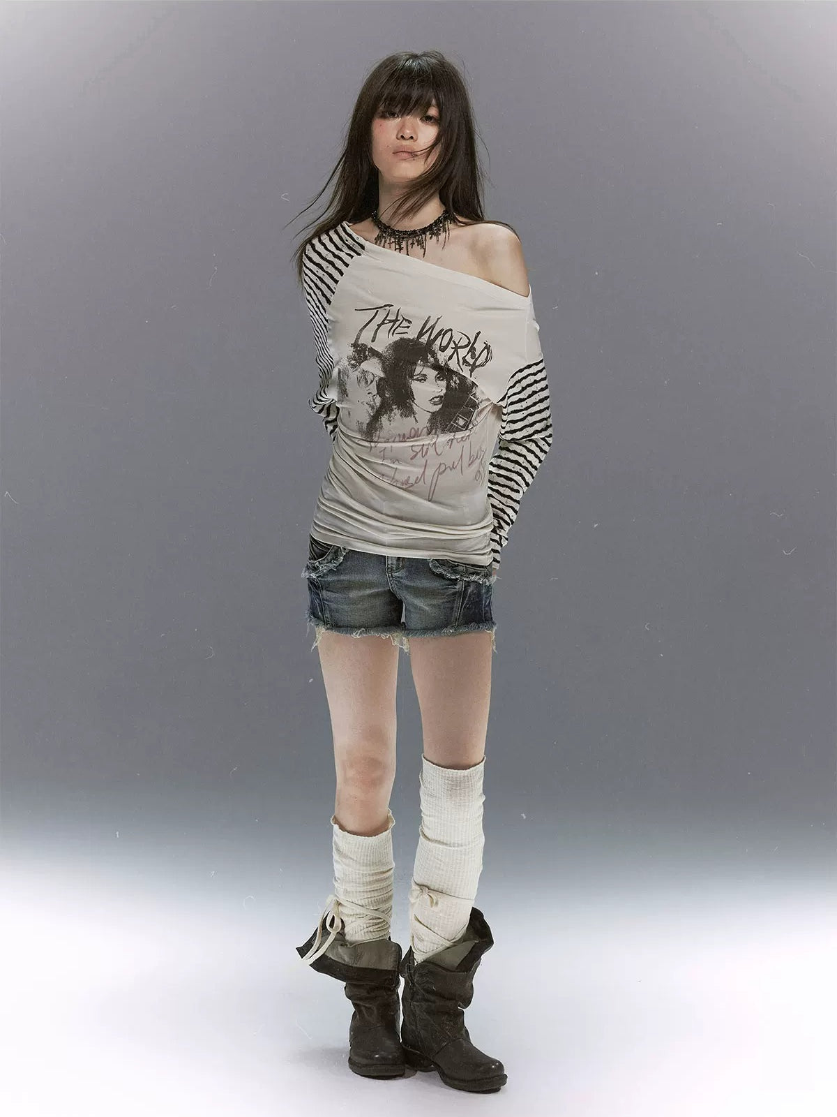 Punk Portrait Stripe Asymmetric Top