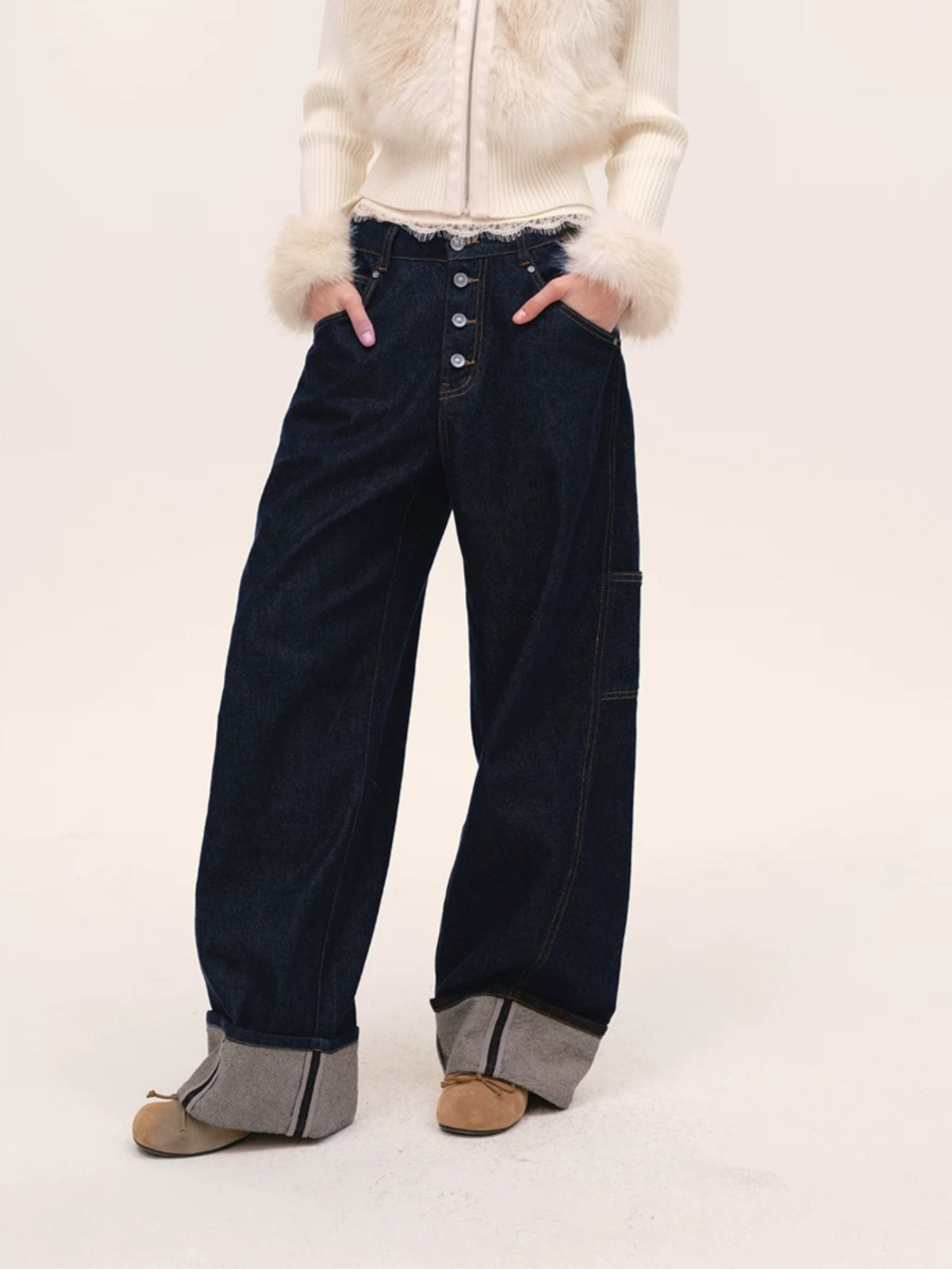 Indigo Button Front Wide-Leg Jeans