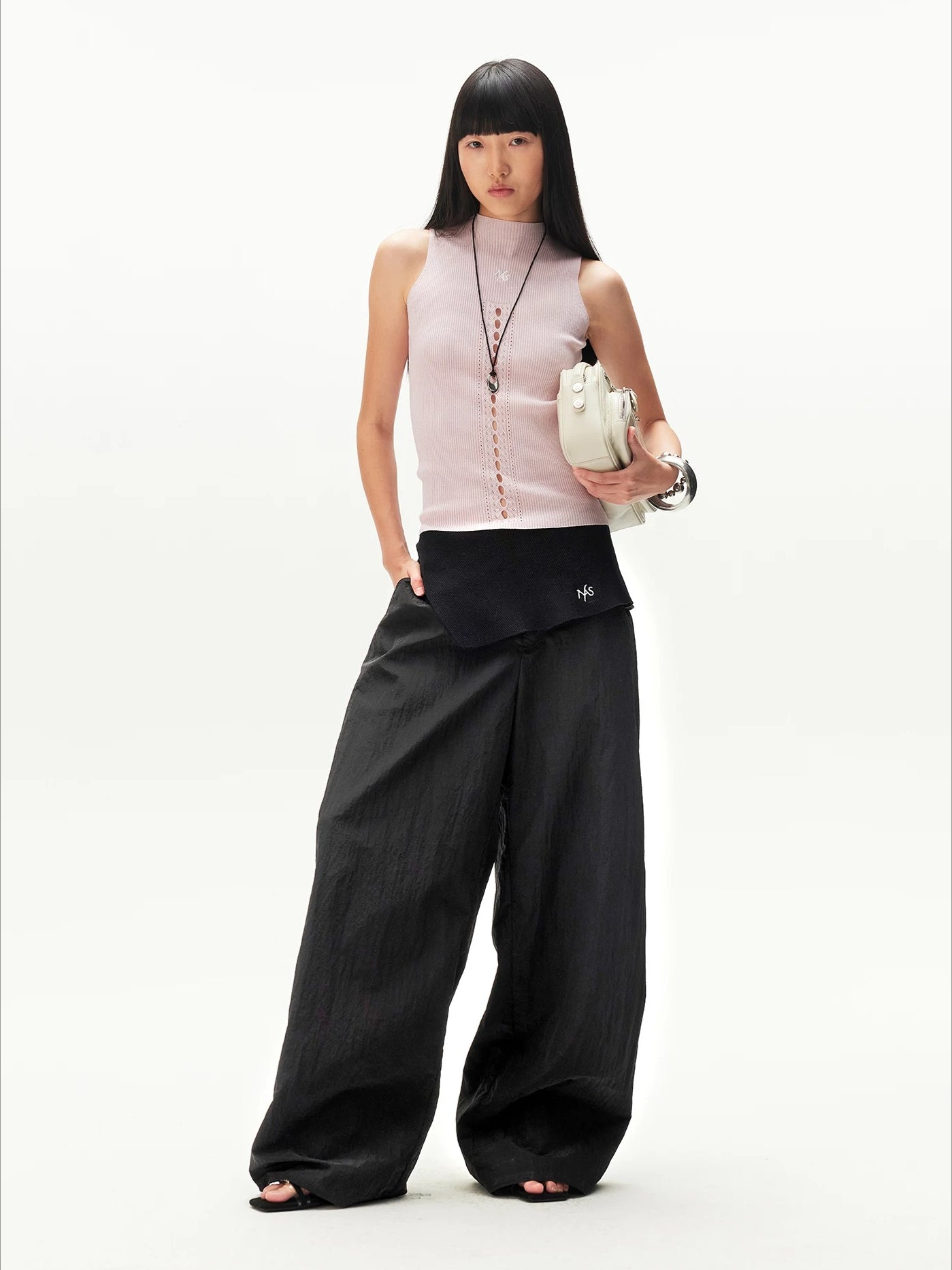 Asymmetric Panel Wide-Leg Knit Pants