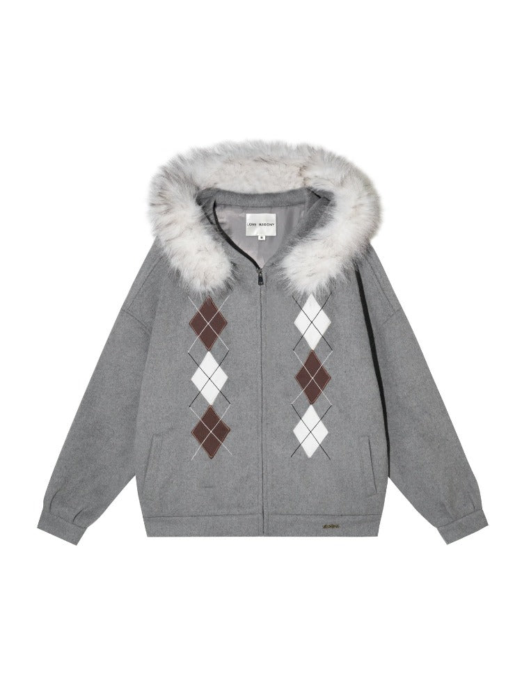 Argyle Patch Wool Hoodie Cardigan