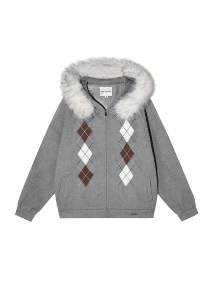 Argyle Patch Wool Hoodie Cardigan