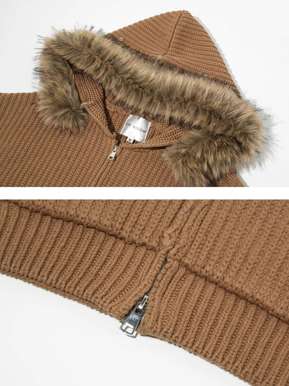 Detachable Faux-Fur Collar Embroidered Hooded Cardigan