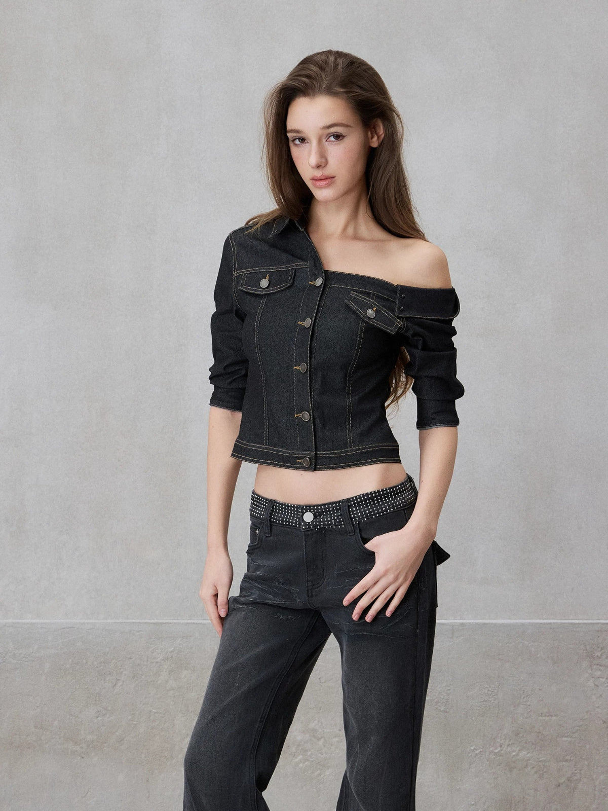 Asymmetric Denim Shirt Set