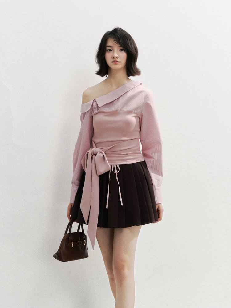 Asymmetric Shoulder Fake Two-Piece Striped Patchwork Shirt