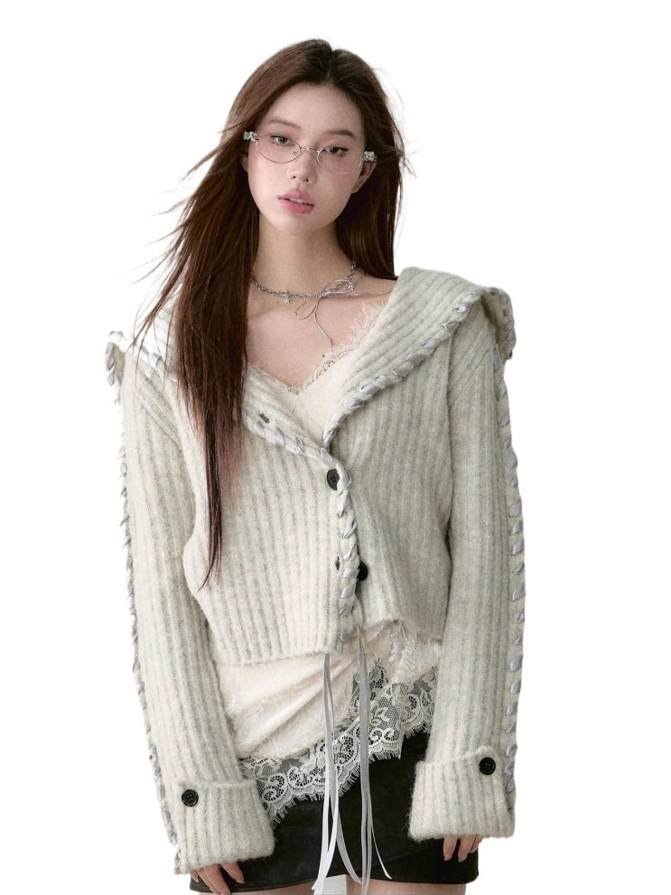 Ribbon Collar Wool Knit Cardigan
