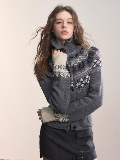Fair Isle Heavy-Duty Knit Turtleneck Cardigan