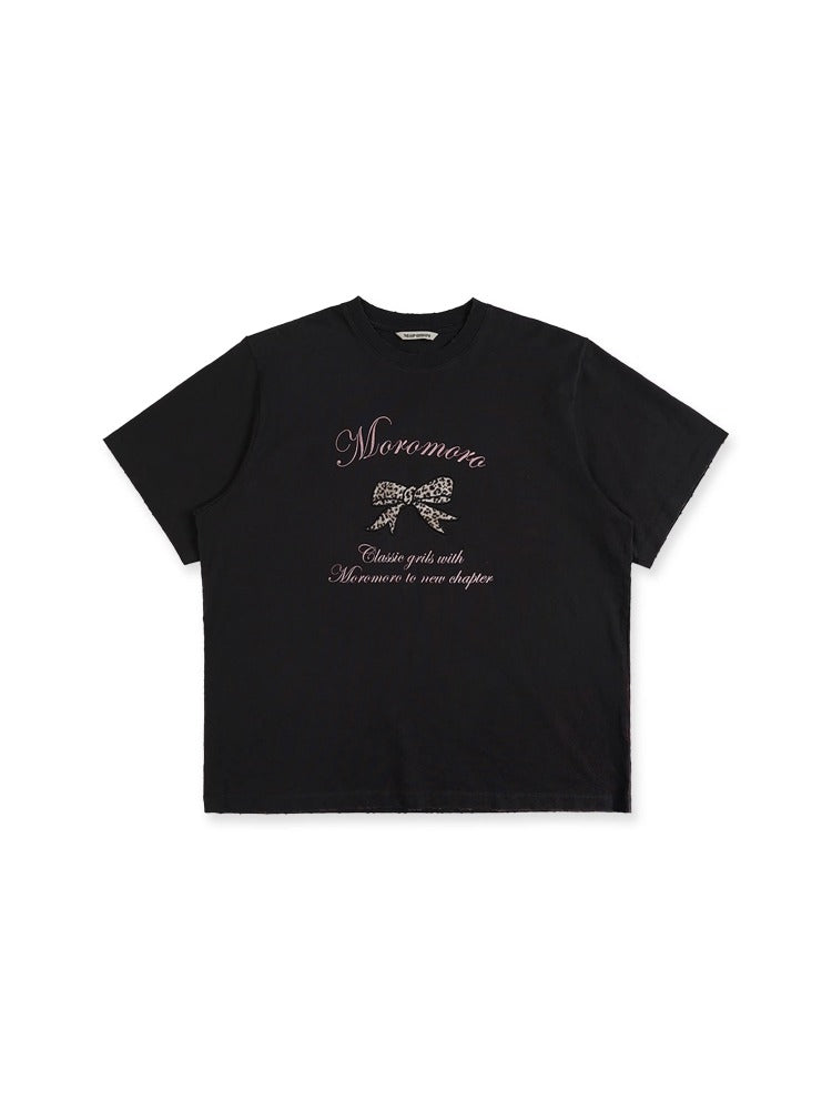 Leopard Print Butterfly Bow Embroidered T-shirt