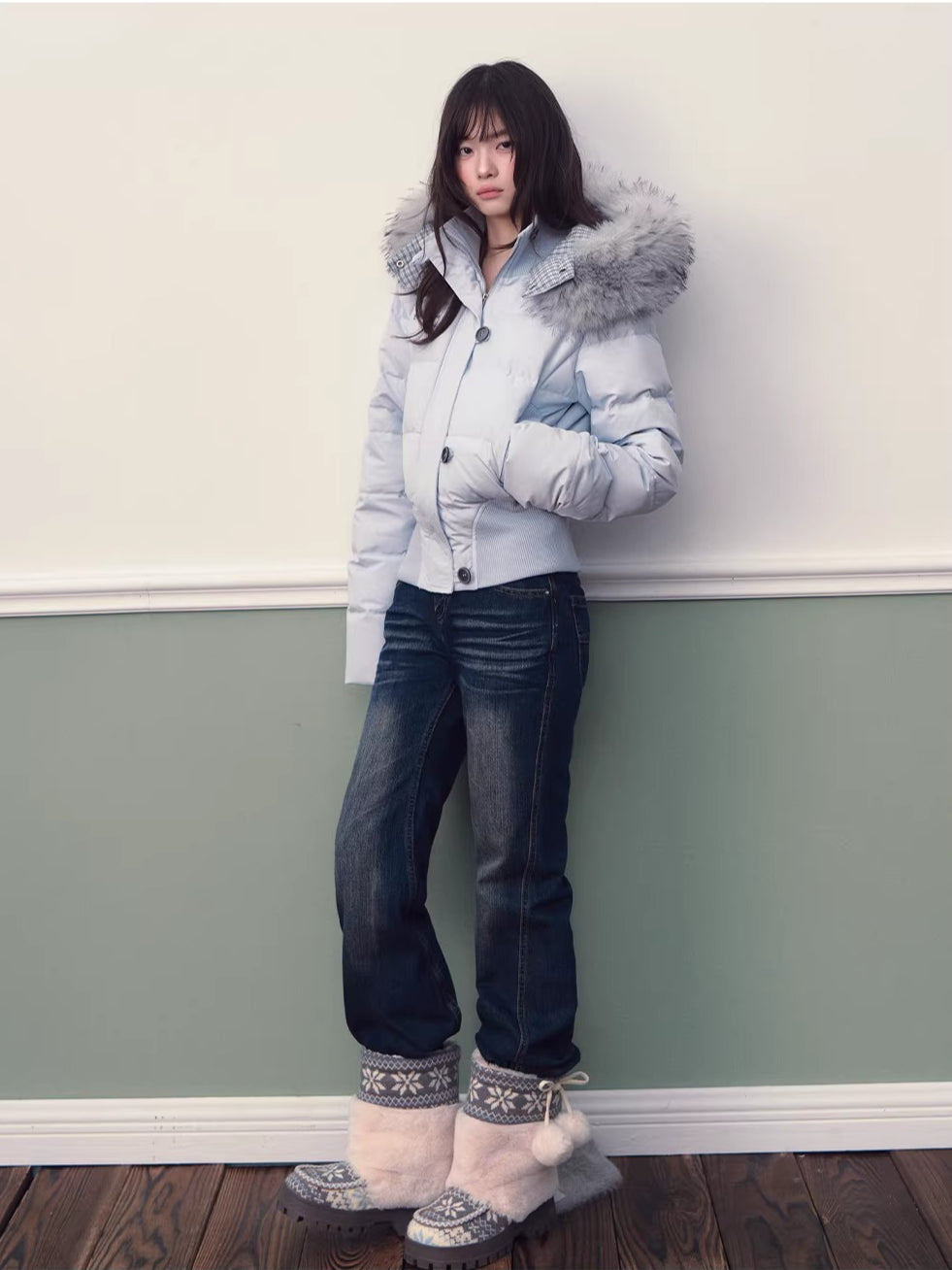 Blue Plaid Hooded Down Jacket