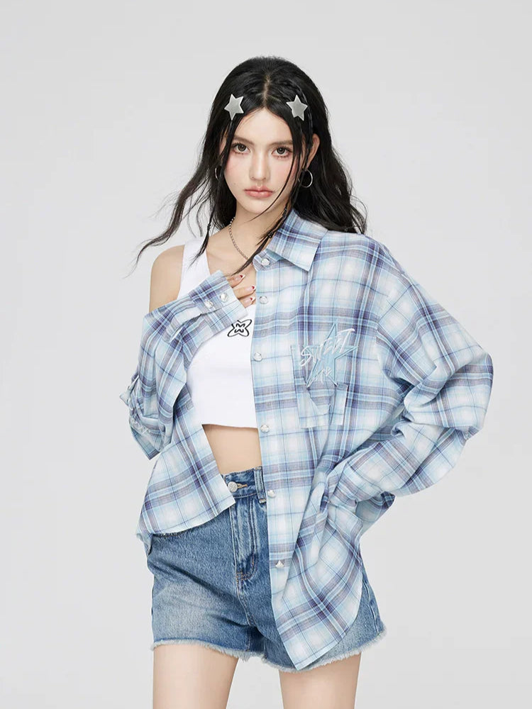 Blue Plaid Embroidered Sunscreen Shirt