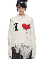 Heart Letter Distressed Knit Sweater