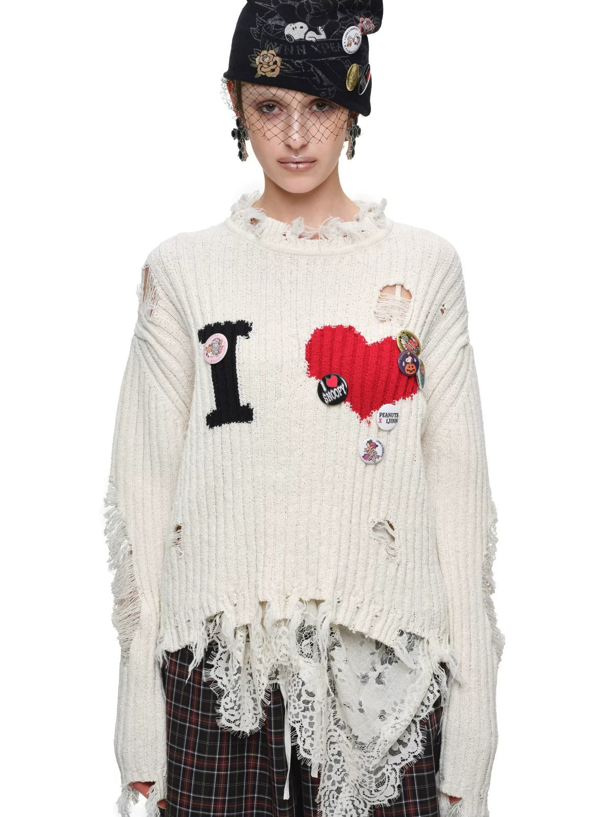 Heart Letter Distressed Knit Sweater
