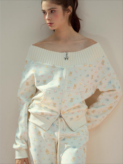 Floral Bear Bunny Off-Shoulder Sweatshirt &amp; Pants Set