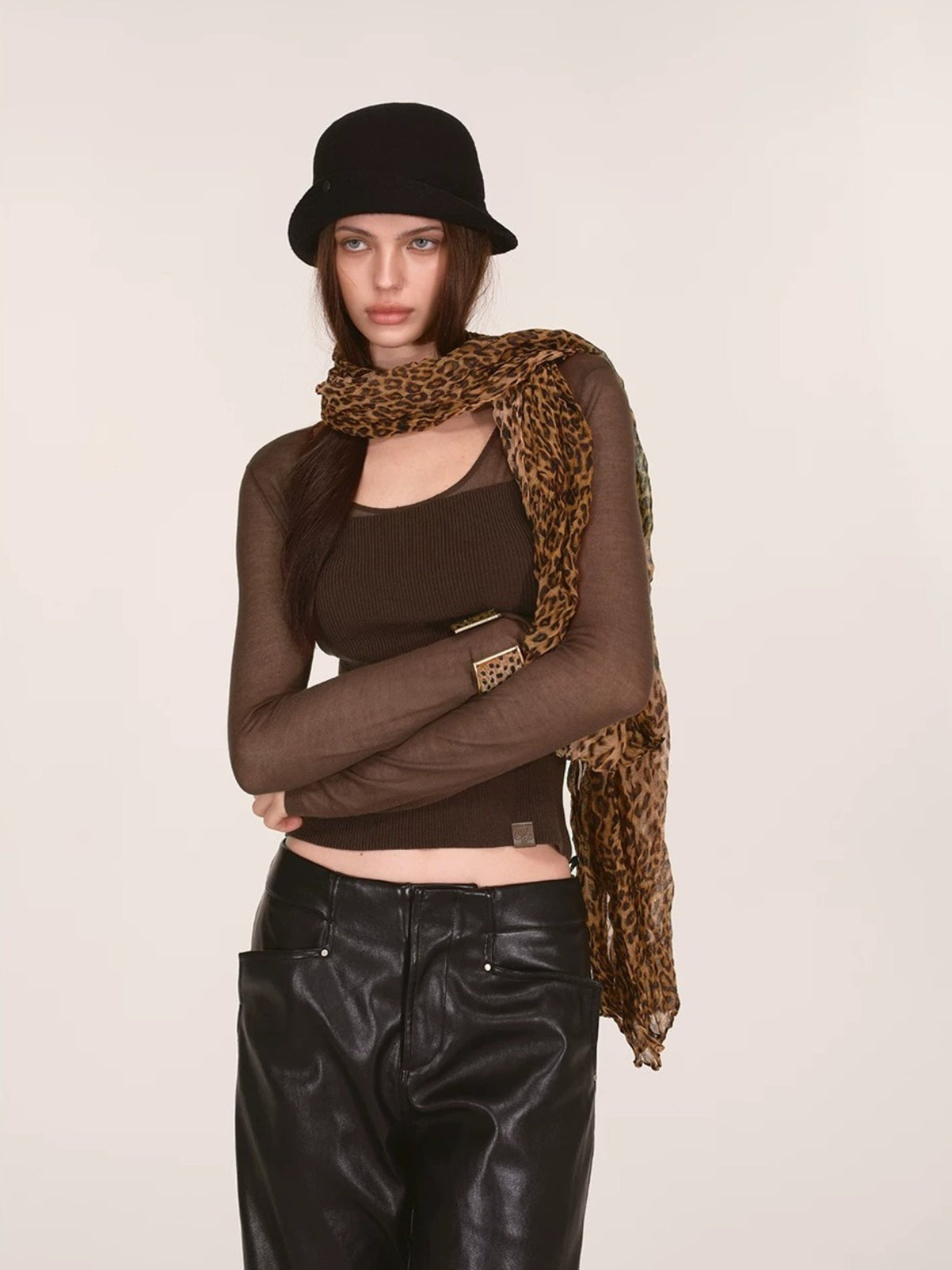 Vintage Leopard Print Pleated Long Scarf