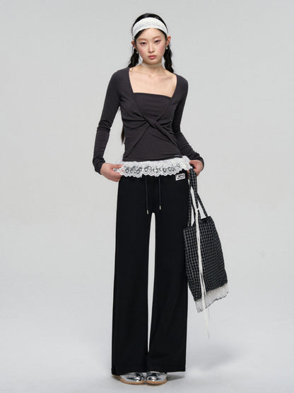 Lace Waist Wide-Leg Sweatpants