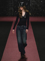 Plaid Embroidered Wide Leg Jeans