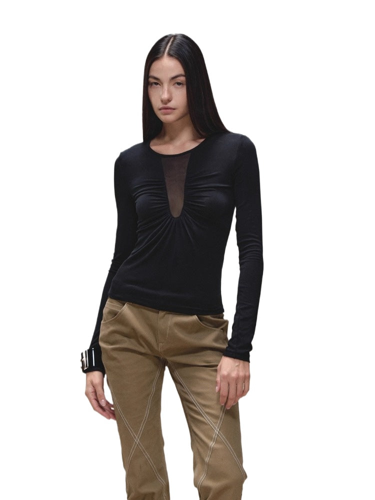 Tencel Ruched Mesh V-Neck Top