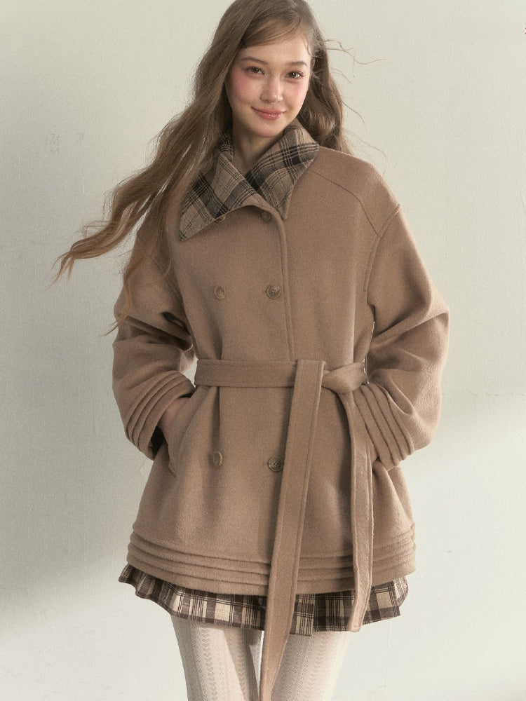 Plaid-Collar Double-Breasted Wool Coat