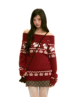 Red Fair Isle Off-Shoulder Knit Top