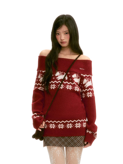 Red Fair Isle Off-Shoulder Knit Top