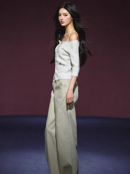 Floral Pattern Off-shoulder Mosaic Knit Cardigan