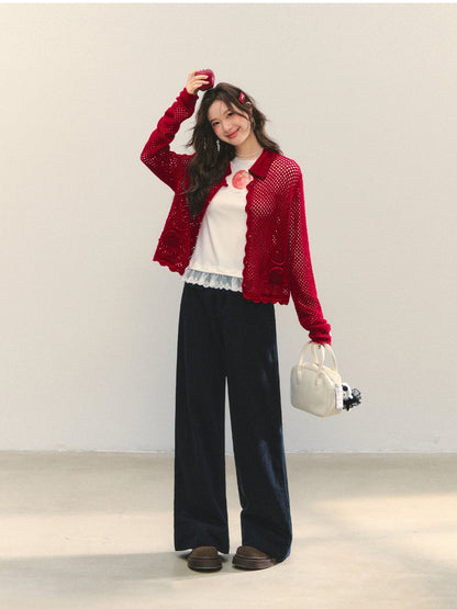 Hollow-out 3D Flower Crochet Lapel Cardigan