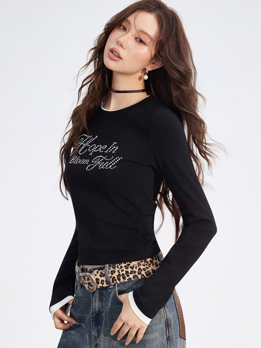 Faux-Layered Rhinestone Letter Fitted T-Shirt