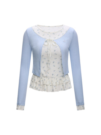 Floral Ruffle Faux Layered Knit Top