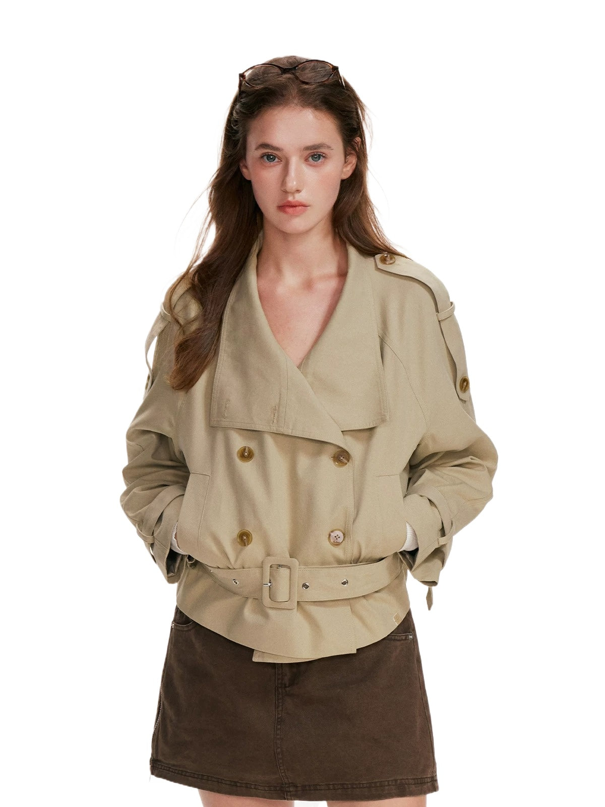 Double-Breasted Belted Cropped Trench Coat
