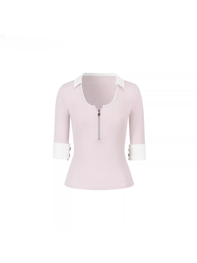 Lace Trim Zip Knit Tee