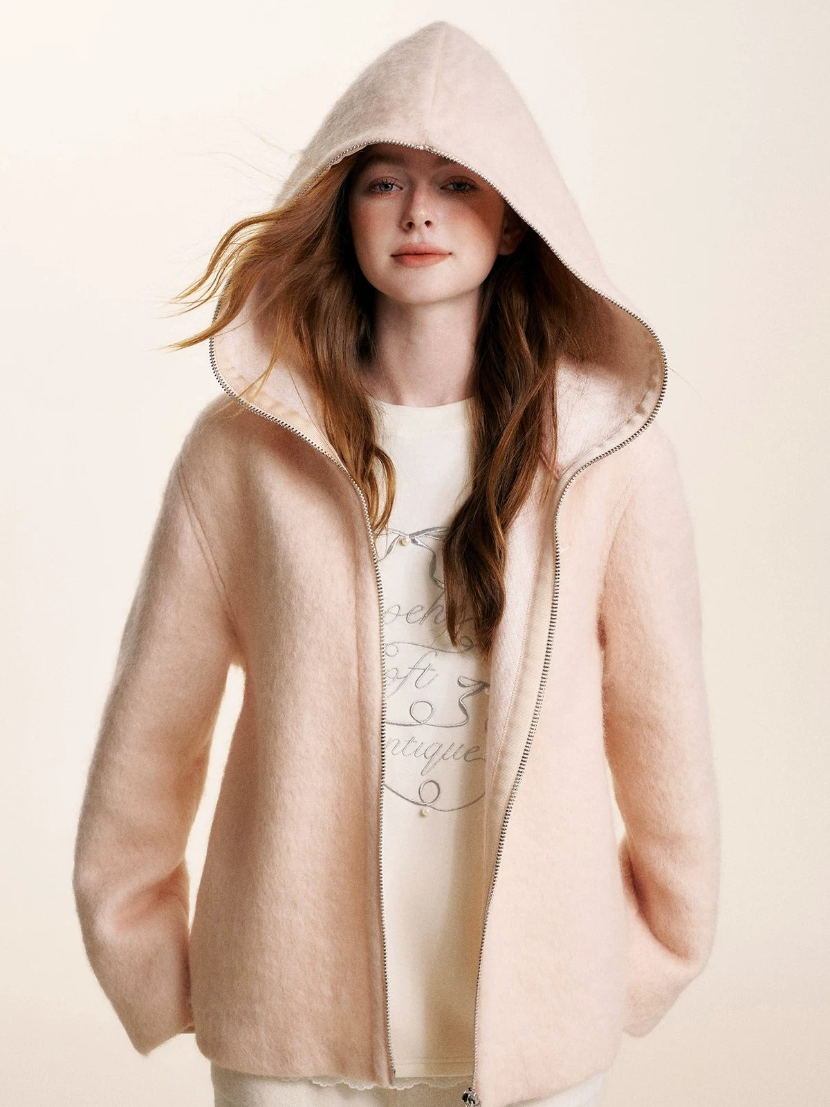 Peach Hooded Zip Coat