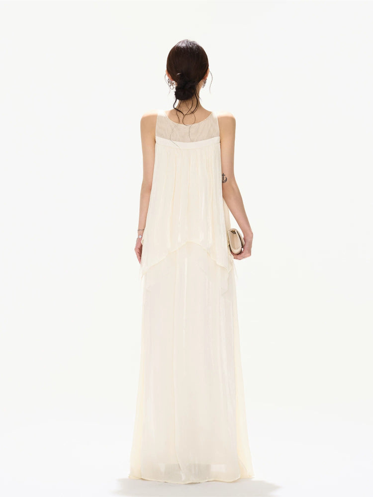 Mesh Panel Ruffle Maxi Dress