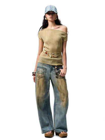 Asymmetric Shoulder Knit Short Sleeve T-shirt