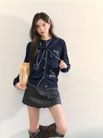 Puppy Embroidered Trim Hooded Knit Sweater