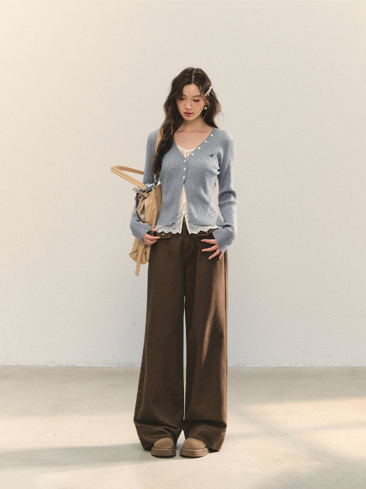 Lace Tie Fake Two-Piece Knitted Cardigan