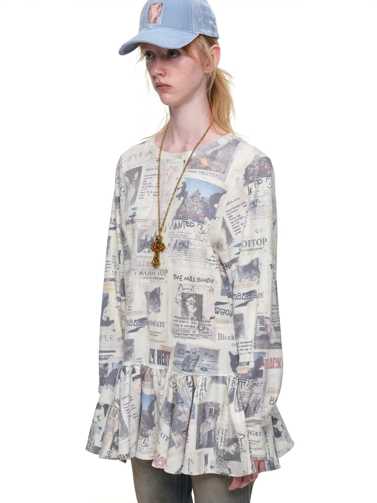 Cat Newspaper Ruffle Waffle Dress