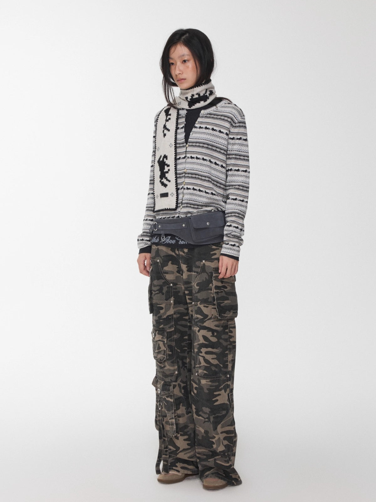 Fair Isle Pony Jacquard Drawstring Knit Cardigan