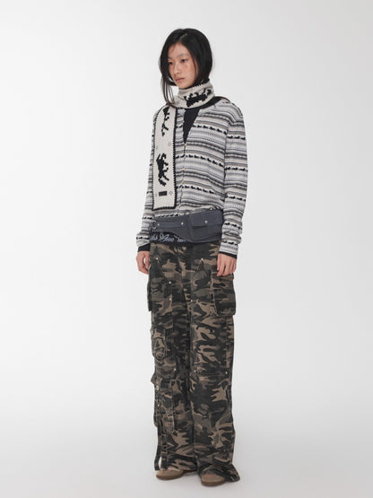 Fair Isle Pony Jacquard Drawstring Knit Cardigan