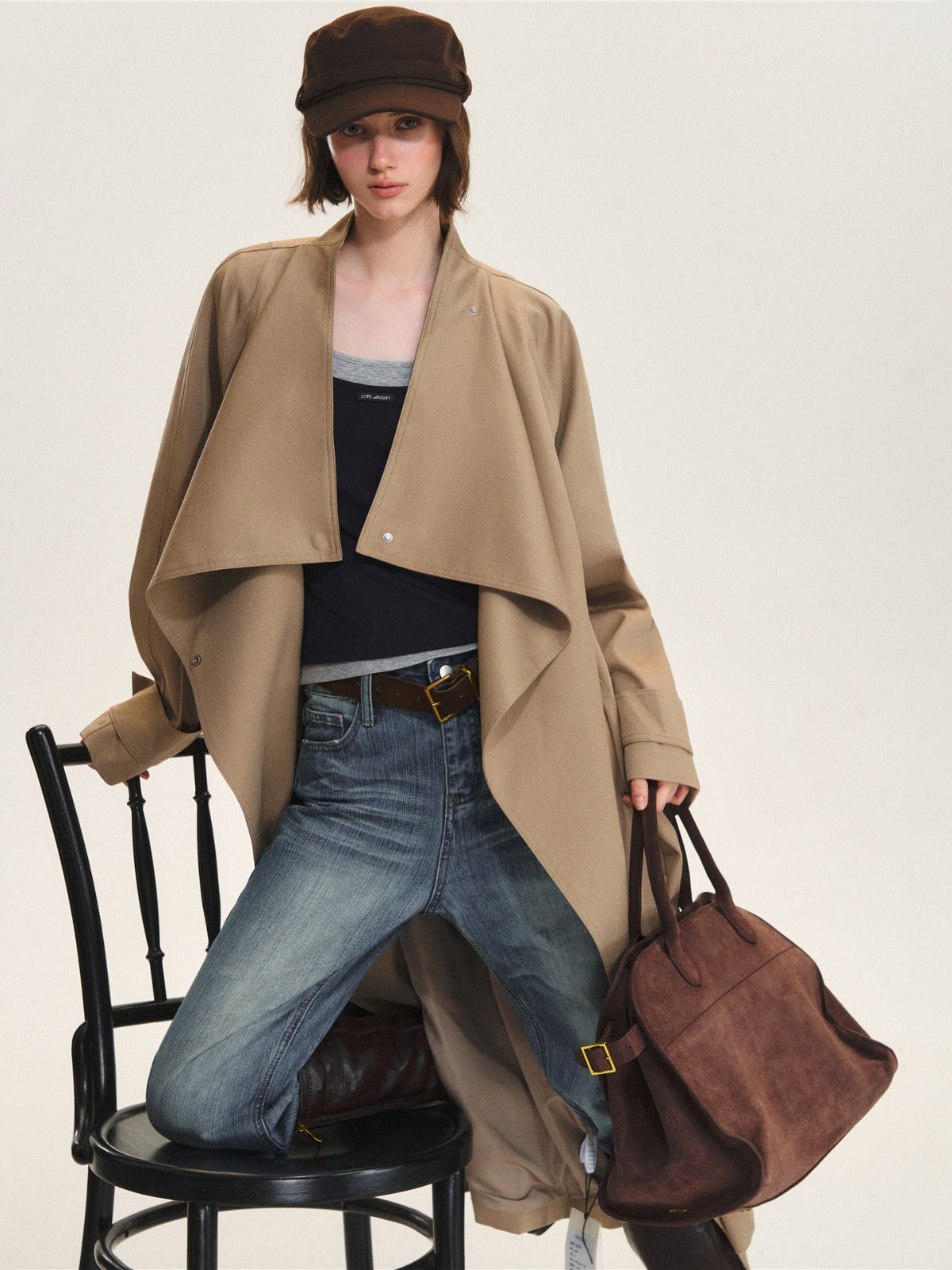 Khaki Waterfall Collar Trench Coat
