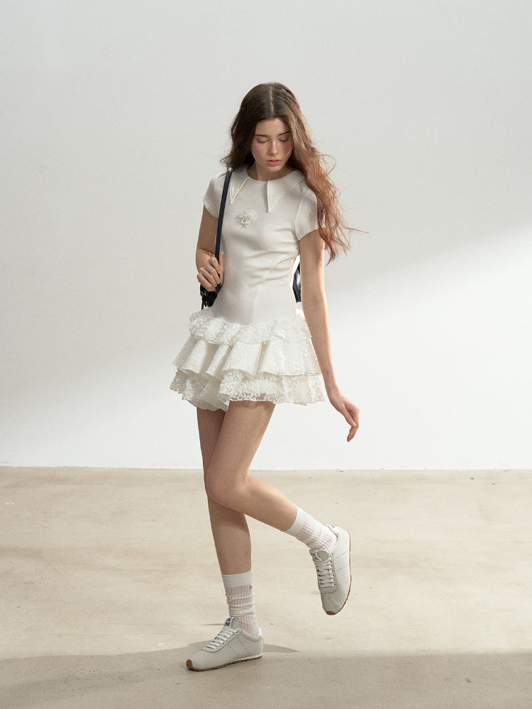 Multi-layer Lace Spliced Short-Sleeve Dress