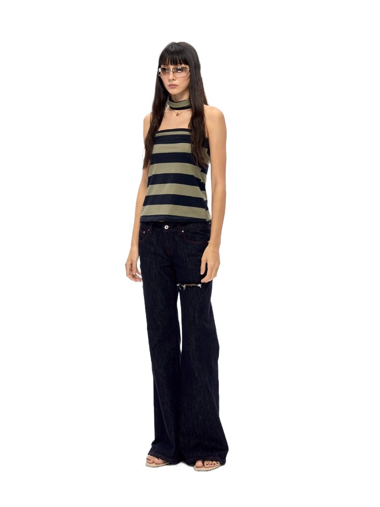 Dark Green Striped Halter Top