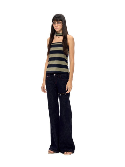 Dark Green Striped Halter Top